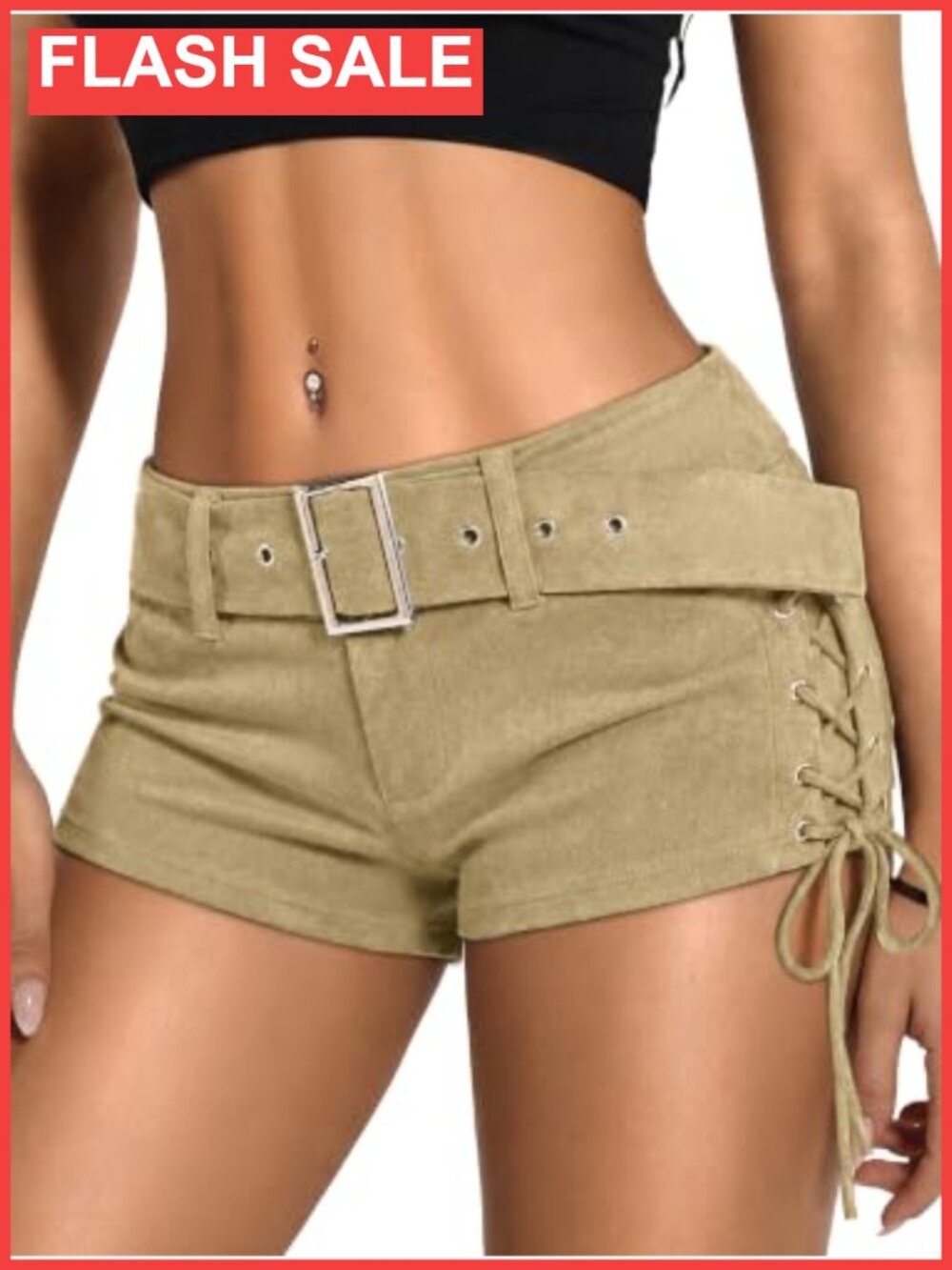 Women's Lace-Up Side Faux Leather Micro Shorts Buckle Detail